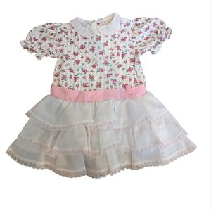 Vintage 1990s Floral Pink White Ruffle Dress W/ Pearl Necklace